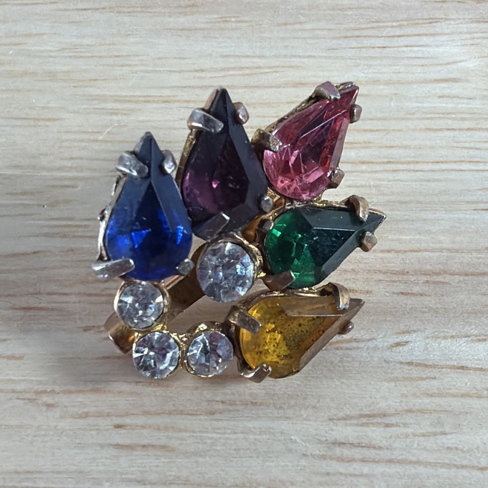 E24/ Vintage Art Deco Style Multi Colored Glass Stones Gold Tone Brooch/Pin